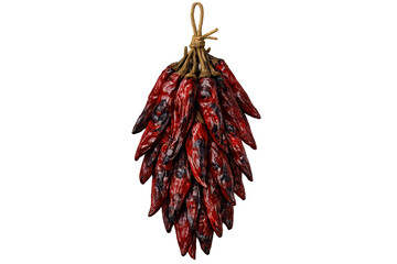 Obraz premium Dried red chili peppers hanging on a string, traditional spicy food seasoning for cooking and flavor