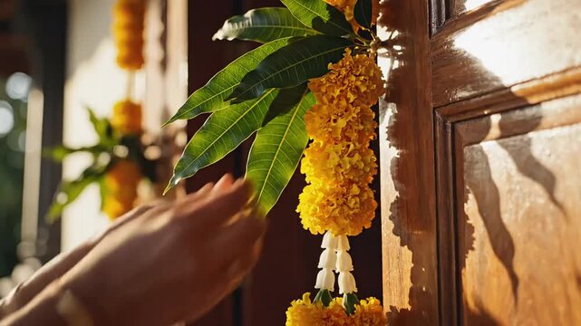 Traditional indian entrance decorated with marigold garland and mango leaves for ugadi festival preparation or hindu new year ritual.