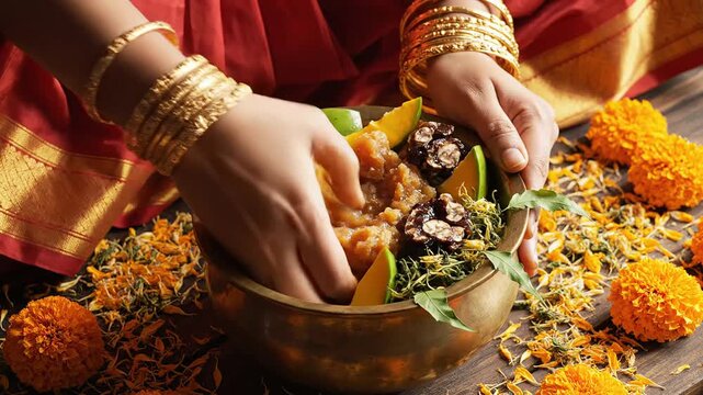 Close up of hands preparing traditional ugadi pachadi mixture in a brass bowl, symbolic of the hindu new year celebration in india.