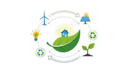 Fototapeta premium Eco-friendly home with renewable energy sources and recycling, promoting sustainable living and environmental conservation.