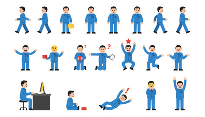 Cartoon man in blue uniform performing various actions and poses.