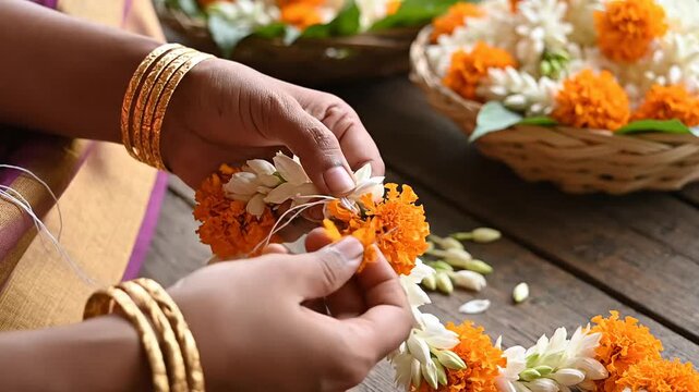 Close-up of woman's hands preparing traditional flower garland for ugadi festival celebration in india