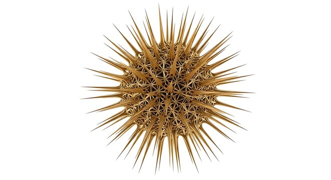 A spiky, golden starburst or virus-like 3D render, isolated on a white background, symbolizing danger, innovation, or microscopic life.