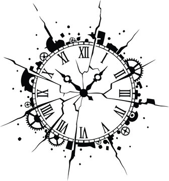 A stark black silhouette of a broken clock face, with a single, faded hand pointing to a point.