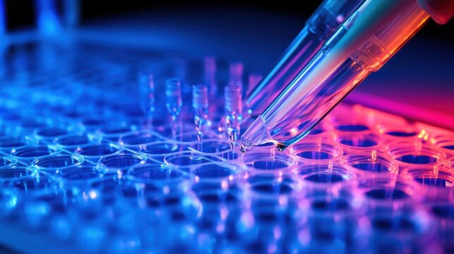 A laboratory pipette precisely dispensing fluid droplets into a well plate under colorful scientific illumination, highlighting critical research.