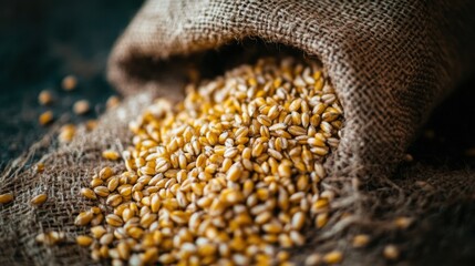 Captivating close-up view of golden wheat grains spilling abundantly from a rustic burlap sack, beautifully showcasing agricultural prosperity, harvest, and the essence of natural food.