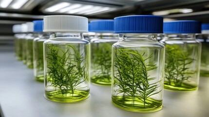 Vibrant plant cultures thriving in laboratory flasks, demonstrating various stages of growth and development for scientific research.