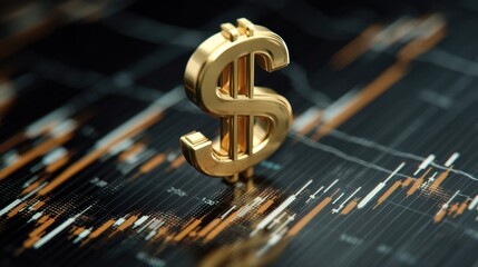 A three-dimensional golden dollar sign stands on financial charts with colored lines indicating market trends,