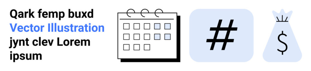 Obraz premium Calendar, metadata tag symbol, and money bag with dollar sign represent themes thumbs up scheduling, social media trends, finance, marketing, business growth, strategy and teamwork. Ideal for simple