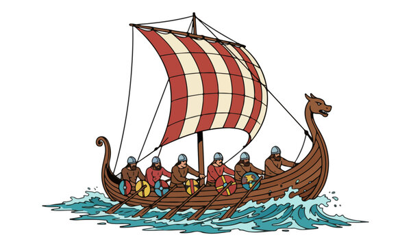 Viking Longship Drakkar with Warriors Rowing in the Sea Illustration