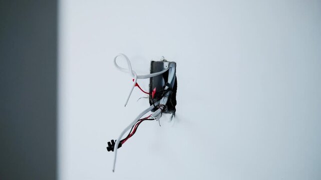 Electrical cables sticking out of a wall where a socket or plug will be wired to