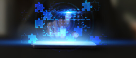 Passionate Digital Puzzle and App Development Concept with Interactive Tablet Interface.