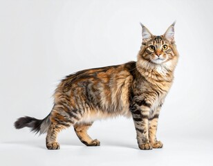 Obraz premium A majestic cat standing alone on a white floor, viewed from the side with a curious expression