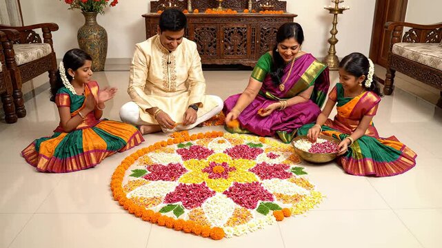 Traditional indian family creating floral pookalam rangoli decoration for ugadi festival celebration.