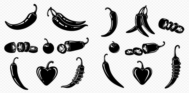 Set of various hand-drawn chili pepper silhouettes, including whole, sliced, and different shapes, isolated on a transparent background.