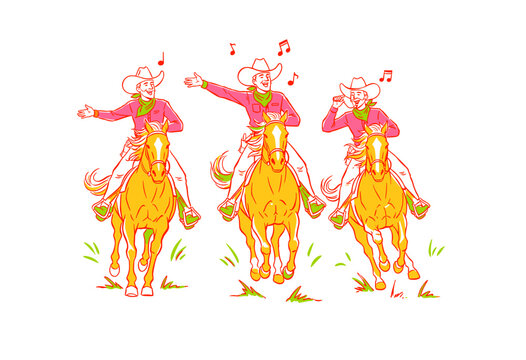 Cowboy yodel illustration design for t-shirt. Western music artwork. Happy horse riders singing rodeo. Retro western print design. Yeehaw cowboy cultu