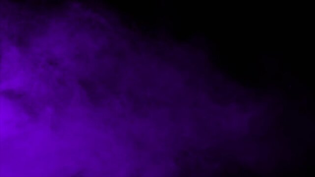 A dense cloud of bright purple smoke enters from the left and fills the screen. Isolated on black background, ideal for compositing