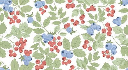Fototapeta premium Seamless pattern with fresh blueberries and red berries on a white background.
