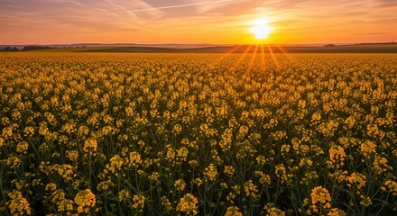 Fototapeta premium Aerial view of a vast field of blooming flowers at sunset in a rural landscape