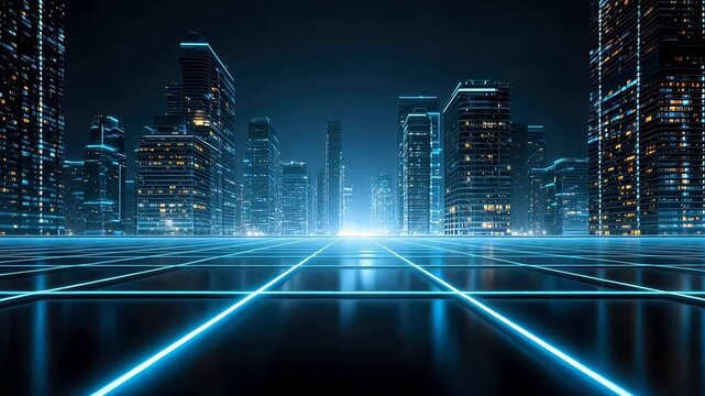 Futuristic cityscape with glowing grid