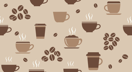 Obraz premium Seamless coffee pattern with steaming cups and roasted beans