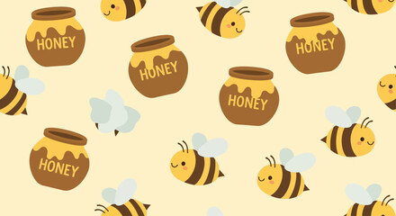 Cute cartoon bees and honey pots seamless pattern background. © mboku