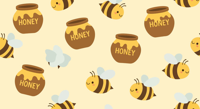 Cute cartoon bees and honey pots seamless pattern background.