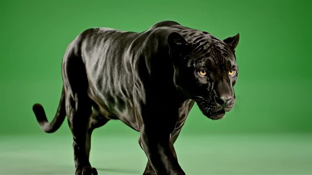 Powerful black panther prowling forward on a green screen background showcasing its sleek musculature and intense gaze for dynamic visual effects and wildlife footage