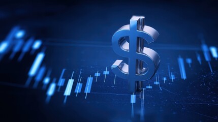 A three-dimensional dollar sign glows on a dark blue background with abstract financial charts and graphs illuminated in