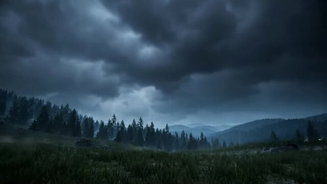 Stormy weather over a field and forest in the mountains