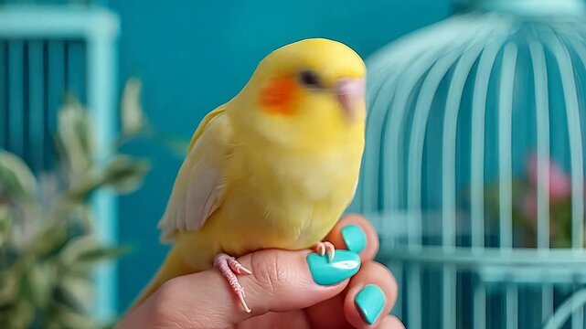 Yellow parrot perched on hand near cage