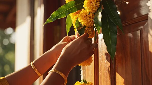 Indian hands hanging yellow marigold garland (toran) and mango leaves on a wooden door frame for ugadi festival preparation.