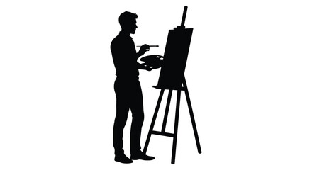 A solitary artist stands before an easel deeply focused on painting creating art in black silhouette high quality professional detailed modern © RMvectors02