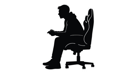 A dark silhouette of a person seated in a gaming chair focused on a handheld device silhouette high quality professional detailed © RMvectors02