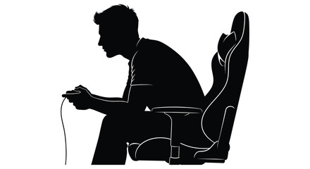 A focused gamer is depicted in profile intensely playing a video game while seated in a racing chair silhouette high quality © RMvectors02