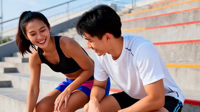 Two people with basketball on steps