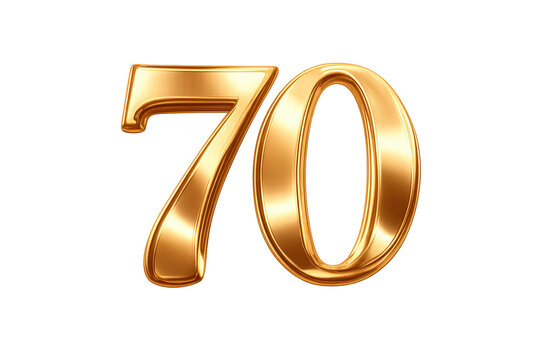 Golden metallic number 70 on a transparent alpha background