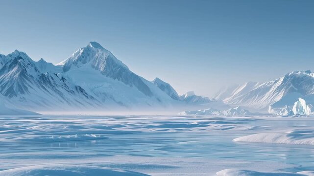 Arctic glacier landscape icy frozen water mountain panorama moving forward. Snow peak floating ice serene atmosphere. Polar wilderness dramatic vista cold climate nature environment pristine scenery.
