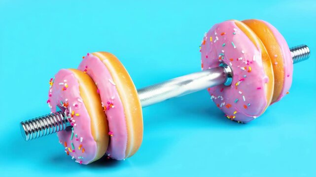 Donuts as weights on a blue background representing humorous contrast between fitness and sweets, pink frosted donuts, sprinkled pastries, creative fitness concept, surreal food imagery