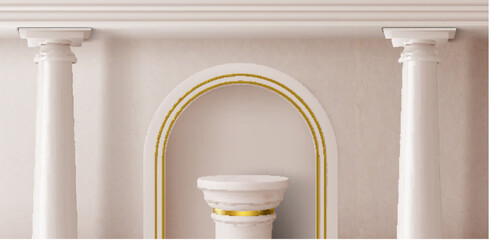 Naklejka premium Beige marble coumn podium with golden ring realistic vector background. Ancient roman greek, pillar stand or museum pedestal, product presentation or exhibition, stone platform near stone arch