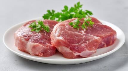 Fototapeta premium Fresh Raw Pork Chops with Green Parsley Garnish on a White Plate, Ready for Cooking or Grilling, Natural Meat Texture and Colors