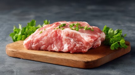 Fototapeta premium Fresh Pork Cut on Wooden Board Surrounded by Green Herbs Perfect for Cooking and Culinary Preparations in Home Kitchen or Restaurant Setting