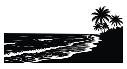 A striking black and white depiction of a tropical beach scene with palm trees and ocean waves a bold silhouette © RMvectors02