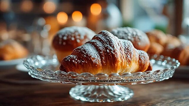 Glass cake stand holding fresh buttery croissant and powdered sugar-dusted buns with a warm golden bakery display background and cozy vibe.
