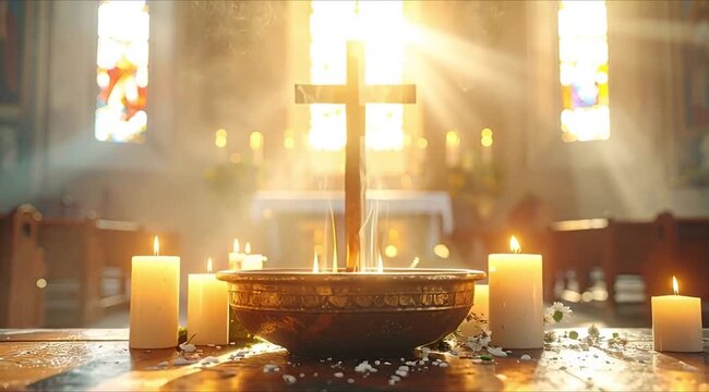 Sacred church interior with a cross, burning candles, and smoke for Ash Wednesday liturgy