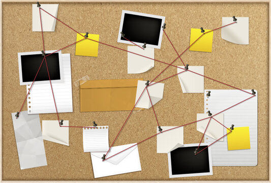 Detective investigation board with crime evidence, photo frames, papers or post it notes and red string connecting clues, cork background. Realistic vector illustration, police case analysis workspace