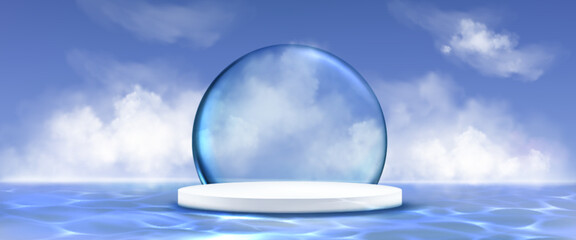 White podium with glass bubble and blue wavy water with reflections, realistic vector bg. 3D display stand on clean aqua background with transparent sphere on water surface for summer presentation.