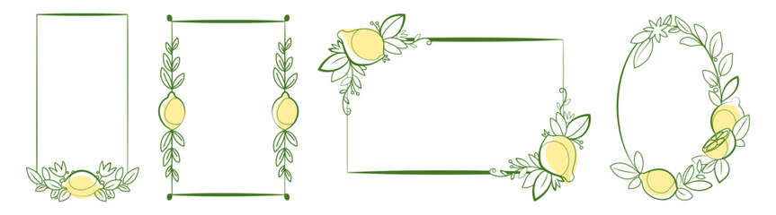 Italian lemon frame with citrus illustration. Mediterranean doodle green ink sketch borders with yellow fruits, leaves and flowers vector set isolated on white. Summer line art, vintage design