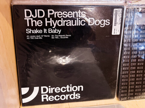 Djd presents the hydraulic dogs Shake It Baby vinyl single by Direction Records 1999 release , DJD Presents The Hydraulic Dogs , Shake It Baby
