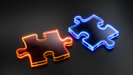 Jigsaw puzzle pieces on dark background. Problem-solving, business connecting, solution, cooperation, partnership concept. 3d illustration